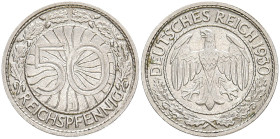 WEIMARER REPUBLIK
 50 Reichspfennig 1930 J. J. 324. 3.51 g. Sehr schön-vorzüglich