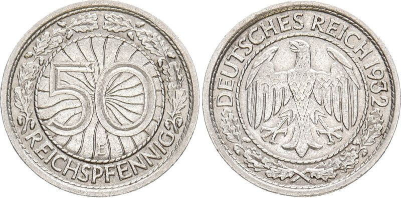 WEIMARER REPUBLIK
 50 Reichspfennig 1932 E. J. 324. 3.50 g. R Sehr schön-vorzüg...