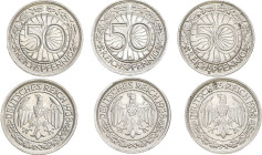 WEIMARER REPUBLIK
 50 Reichspfennig 1938 G (2x), J. J. 324. 3 Stück Sehr schön-vorzüglich