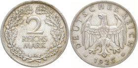 DRITTES REICH
 2 Reichsmark 1925 A. J. 320. 9.97 g. Sehr schön-vorzüglich