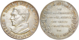 DRITTES REICH
 Versilberte Bronzemedaille 1934. "Zur Erinnerung an die Verteidigung der pol. Leiter des Gaues Westfalen-Süd am 25.2.1934". Versilbert...