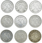 DRITTES REICH
 50 Reichspfennig 1935 A (4x), D, E (2x), J (2x). J. 368. 9 Stück Meist vorzüglich und besser