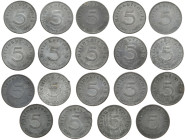 DRITTES REICH
 5 Reichspfennig 1940 A, G, F; 1941 A (8x), F; 1942 A (3x), F; 1943 A, D, E. J. 370. 19 Stück Sehr schön-vorzüglich und besser