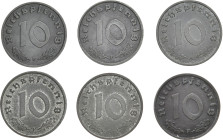 ALLIIERTE BESETZUNG
 10 Reichspfennig 1945 F; 1946 F; 1947 A, F; 1948 A, F. J. 375. 6 Stück Teilweise mit Fehlern, vorzüglich-Stempelglanz