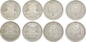 B R D
DM Währung bis 2001. 2 Deutsche Mark 1951 D, F, G, J. Kompletter Satz. J. 386. 4 Stück Sehr schön-vorzüglich