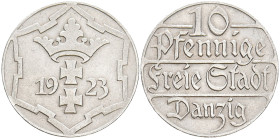 DANZIG
 10 Pfennig 1923. KM 143; AKS 20. 4.03 g. Fast vorzüglich