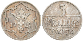 DANZIG
 5 Pfennig 1923. KM 142; AKS 22. 1.99 g. Fast vorzüglich