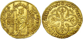 FRANCE, Royaume, Philippe VI de Valois (1328-1350), AV royal d'or, mai 1328. D/ Le roi deb. de f. sous un dais gothique, ten. un long sceptre. R/ Croi...