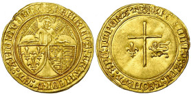 FRANCE, Royaume, Henri VI d'Angleterre (1422-1453), AV angelot d'or, mai 1427, Rouen (léopard). D/ L'archange Gabriel à mi-corps de f., ten. les écus ...