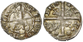 FRANCE, AQUITAINE, Henri IV, V ou VI (1399-1453), billon hardi. D/ B. du roi de f., ten. l'épée et levant la main g. Annelet en début de légende. R/ C...