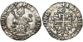 ITALIE, NAPLES, Robert d'Anjou (1309-1343), AR gigliato, fin du règne. D/ Le roi trônant de f. sur deux lions, ten. un sceptre fleurdelisé et un gl. c...