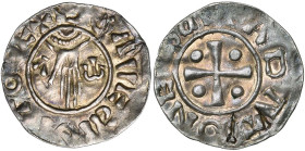 NEDERLAND, HAMALAND, Gravin Adela (967-1016), AR denarius. Vz/ Hand met gespreide vingers, tussen alpha en omega. Kz/ + ADΛT CONETISSA Kruis met vier ...