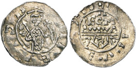 NEDERLAND, HOLLAND, Graafschap, Floris I (1049-1061), AR denarius, Leiden. Imitatie van het Utrechtse type van Willem van Pont (1054-1076). Vz/ De sta...