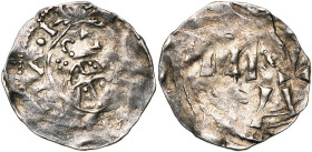 NEDERLAND, AR denarius. Imitatie van het Utrechtse type van Willem van Pont (1054-1076). Vz/ Bisschop met kromstaf v.v. Links drie punten. Kz/ Verbast...