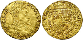 BRABANT, Duché, Philippe II (1555-1598), AV réal d'or, s.d. (1557-1560), Anvers. Au titre de roi d'Angleterre. Légende du droit débutant à 1h. D/ B. c...