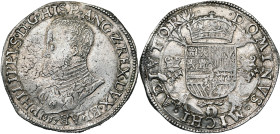 BRABANT, Duché, Philippe II (1555-1598), AR écu Philippe, 1557, Anvers. Au titre de roi d'Angleterre. D/ B. cuir. à g. PHILIPPVS dans la légende. R/ E...