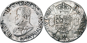 BRABANT, Duché, Philippe II (1555-1598), AR écu Philippe, 1573, Anvers. D/ B. cuir. à g. R/ Ecu couronné sur une croix de Bourgogne, entre deux brique...