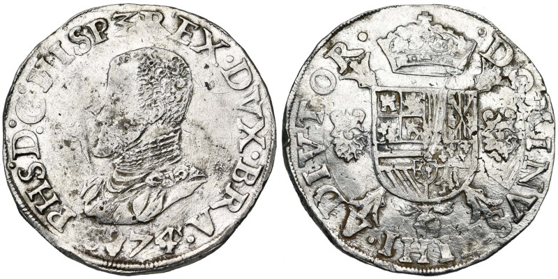 BRABANT, Duché, Philippe II (1555-1598), AR écu Philippe, 1574, Anvers. D/ B. cu...