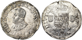 BRABANT, Duché, Philippe II (1555-1598), restauré, AR écu Philippe, 1586, Anvers. D/ B. cuir. à g. R/ Ecu couronné avec écusson de Portugal en surtout...