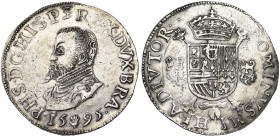 BRABANT, Duché, Philippe II (1555-1598), AR écu Philippe, 1595, Anvers. D/ B. cuir. à g. R/ Ecu couronné avec écusson de Portugal en surtout, sur une ...