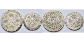 BRABANT, Duché, Marie-Thérèse (1740-1780), lot de 2 p.: couronne, 1765 et demi-couronne, 1764, Bruxelles. W. 1141, 1142. Taches d'oxydation.
Très Bea...