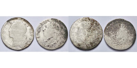 FRANCE, Royaume, Louis XV (1715-1774), lot de 2 demi-écus au bandeau: 1741, Bordeaux; 1756, Bayonne. Dupl. 1681. Rares. Taches d'oxydation.
très bien...