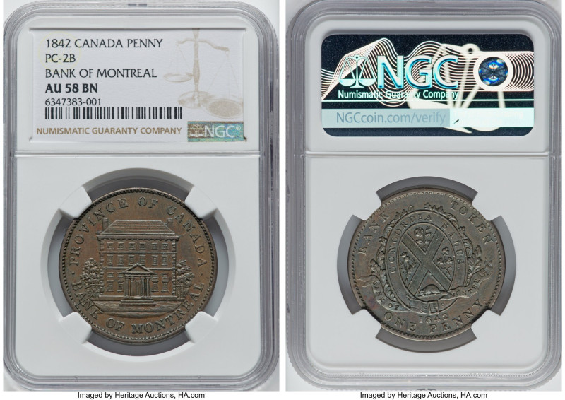 Province of Canada. Bank of Montreal "Front View" Penny Token 1842 AU58 Brown NG...