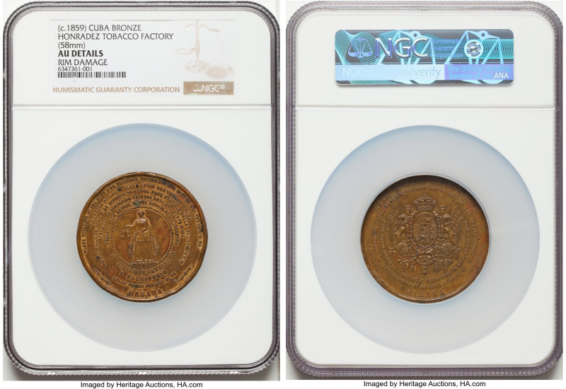 "Honradez Tobacco Factory" bronze Medal ND (c. 1859) AU Details (Rim Damage) NGC...