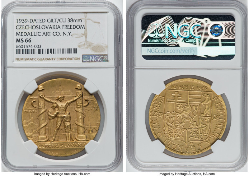 Republic gilt copper-nickel "Freedom" Medal 1939-Dated MS66 NGC, New York Medall...