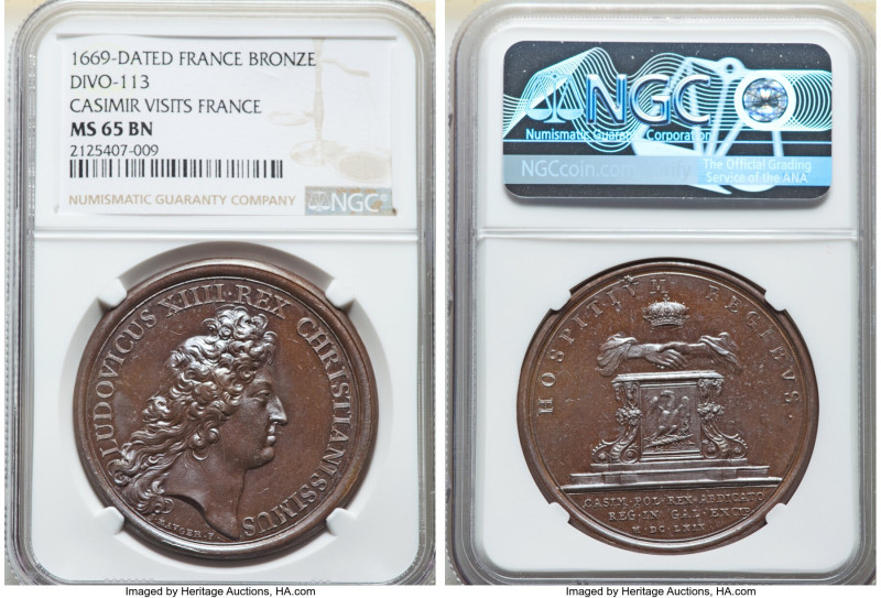 Louis XIV bronze "Casimir Visits France" Medal 1669-Dated MS65 Brown NGC, Divo-1...