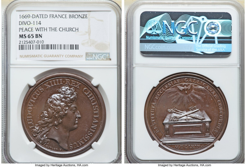 Louis XIV bronze "Peace with the Church" Medal 1669-Dated MS65 Brown NGC, Divo-1...