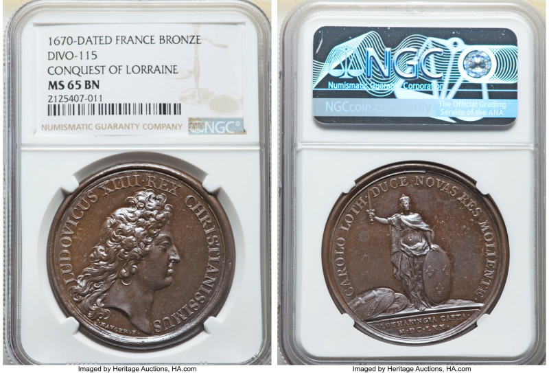 Louis XIV bronze "Conquest of Lorraine" Medal 1670-Dated MS65 Brown NGC, Divo-11...