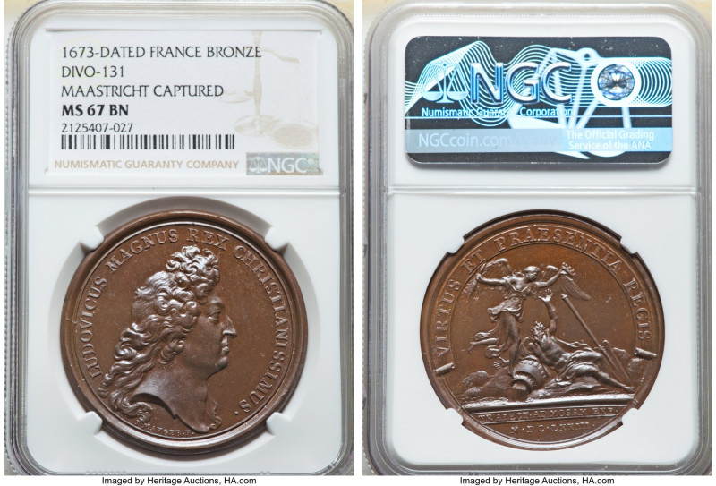 Louis XIV bronze "Maastricht Captured" Medal 1673-Dated MS67 Brown NGC, Divo-131...