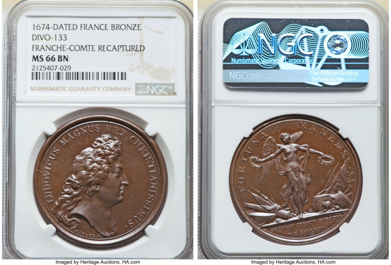 Louis XIV bronze "Franche-Comte Recaptured" Medal 1674-Dated MS66 Brown NGC, Div...