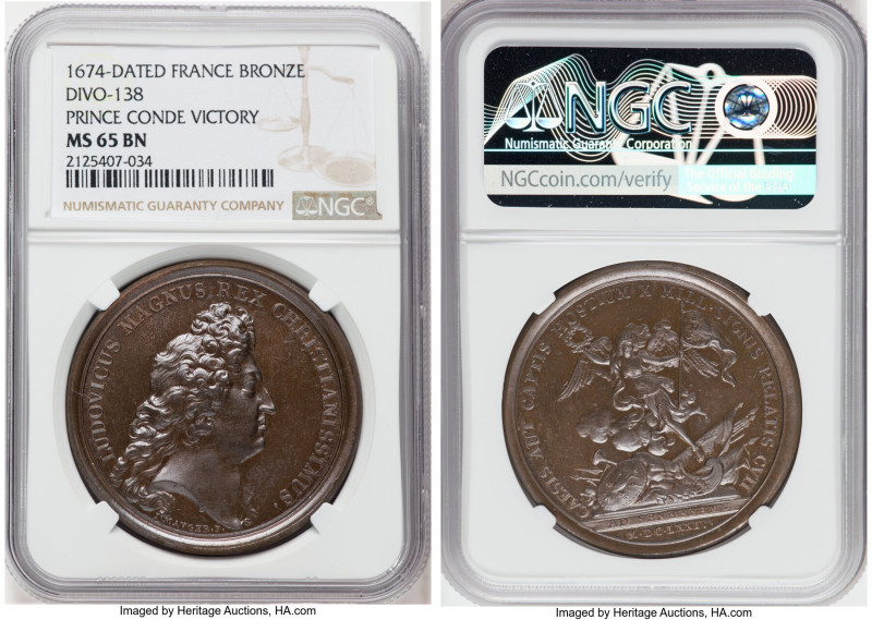 Louis XIV bronze "Prince Conde Victory" Medal 1674-Dated MS65 Brown NGC, Divo-13...