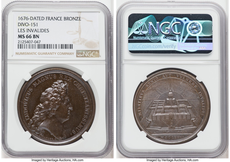Louis XIV bronze "Les Invalides" Medal 1676-Dated MS66 Brown NGC, Divo-151. 41mm...