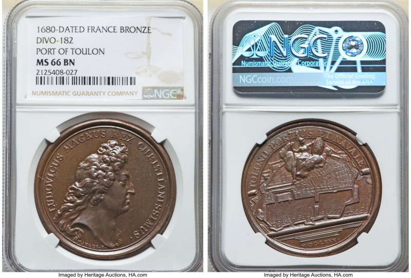 Louis XIV bronze "Port of Toulon" Medal 1680-Dated MS66 Brown NGC, Divo-182. 41m...