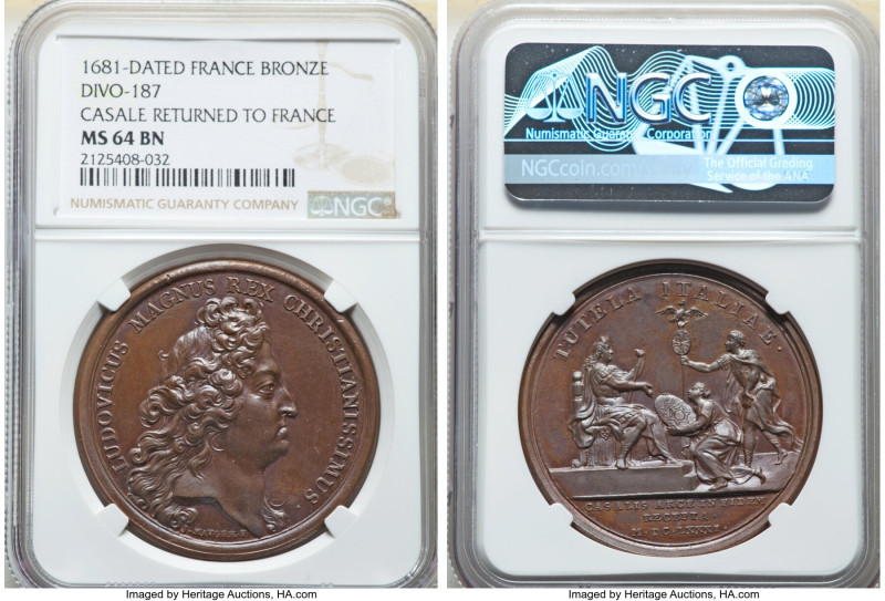 Louis XIV bronze "Casale Returned to France" Medal 1681-Dated MS64 Brown NGC, Di...