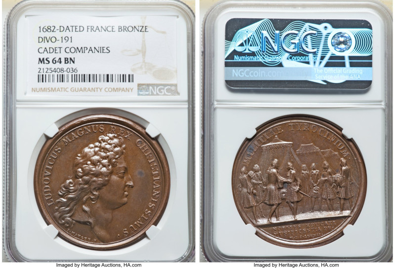 Louis XIV bronze "Cadet Companies" Medal 1682-Dated MS64 Brown NGC, Divo-191. 41...