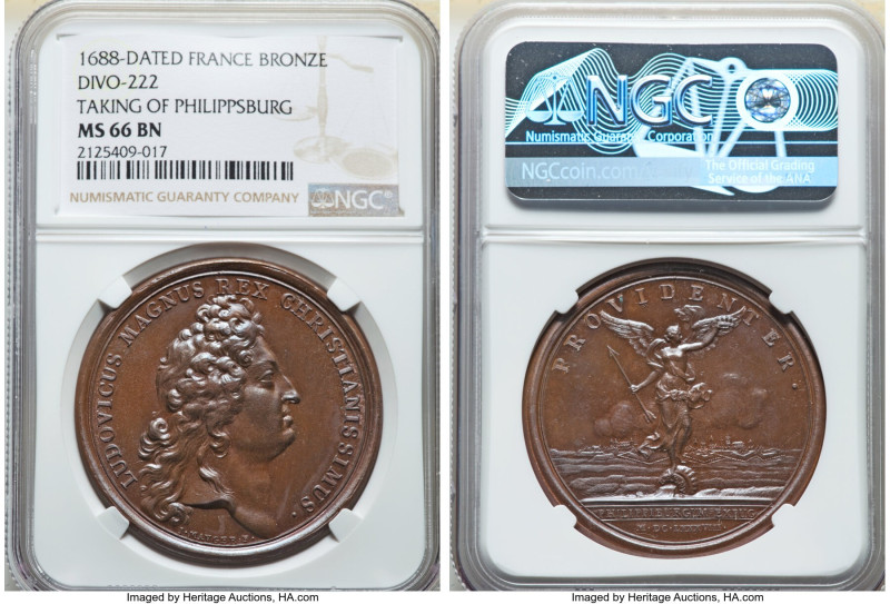 Louis XIV bronze "Taking of Philippsburg" Medal 1688-Dated MS66 Brown NGC, Divo-...