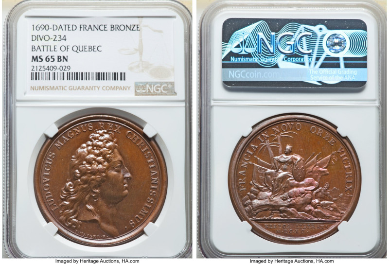 Louis XIV bronze "Battle of Quebec" Medal 1690-Dated MS65 Brown NGC, Divo-234. 4...
