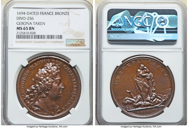 Louis XIV bronze "Gerona Taken" Medal 1694-Dated MS65 Brown NGC, Divo-256. 41mm....