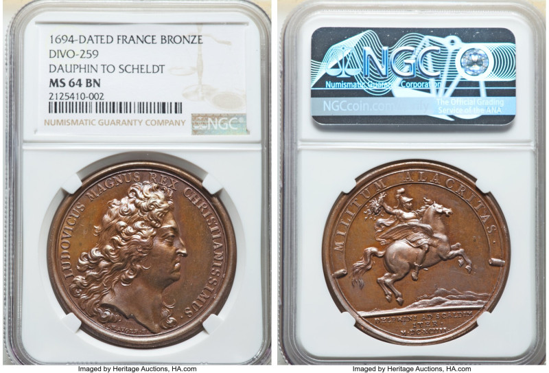 Louis XIV bronze "Dauphin to Scheldt" Medal 1694-Dated MS64 Brown NGC, Divo-259....