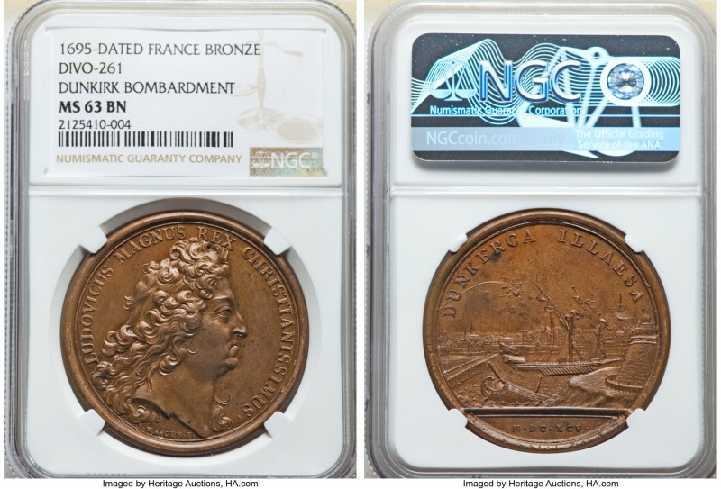 Louis XIV bronze "Dunkirk Bombardment" Medal 1695-Dated MS63 Brown NGC, Divo-261...