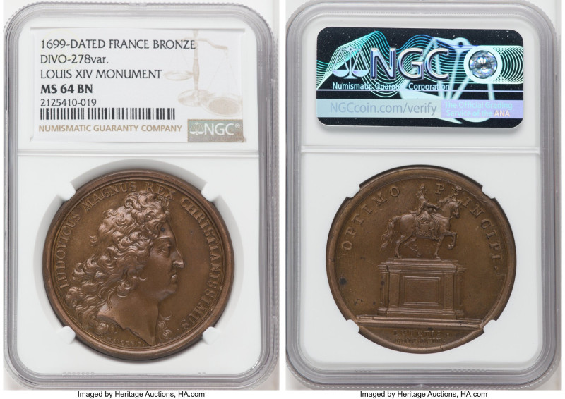 Louis XIV bronze "Louis XIV Monument" Medal 1699-Dated MS64 Brown NGC, Divo-278 ...
