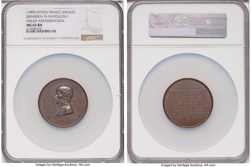 Napoleon bronze "Failed Assassination" Medal 1800-Dated MS64 Brown NGC, Bram-76....