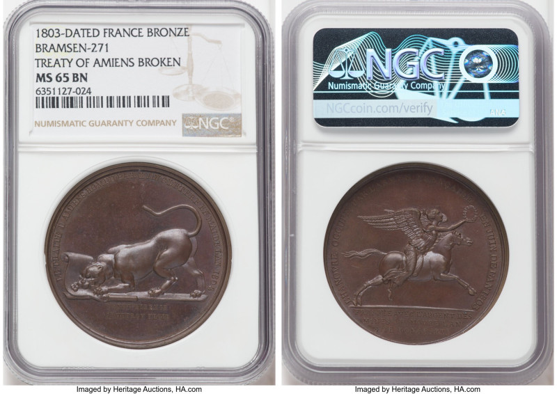 Napoleon bronze "Treaty of Amiens Broken" Medal 1803-Dated MS65 Brown NGC, Bram-...