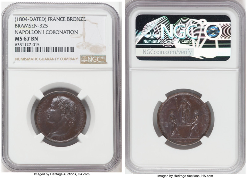 Napoleon bronze "Coronation" Medal 1804-Dated MS67 Brown NGC, Bram-325. 26mm. By...