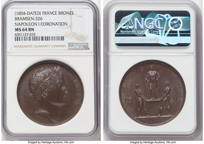 Napoleon bronze "Coronation" Medal 1804-Dated MS64 Brown NGC, Bram-326. 40mm. By...