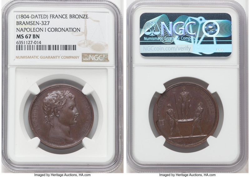 Napoleon bronze "Coronation" Medal 1804-Dated MS67 Brown NGC, Bram-327. 33mm. By...